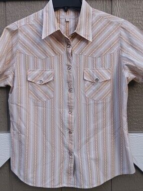 BOGARI Western Style Silk Cotton Beige StripedvShort Sleeves Woth Pearl Snaps XL